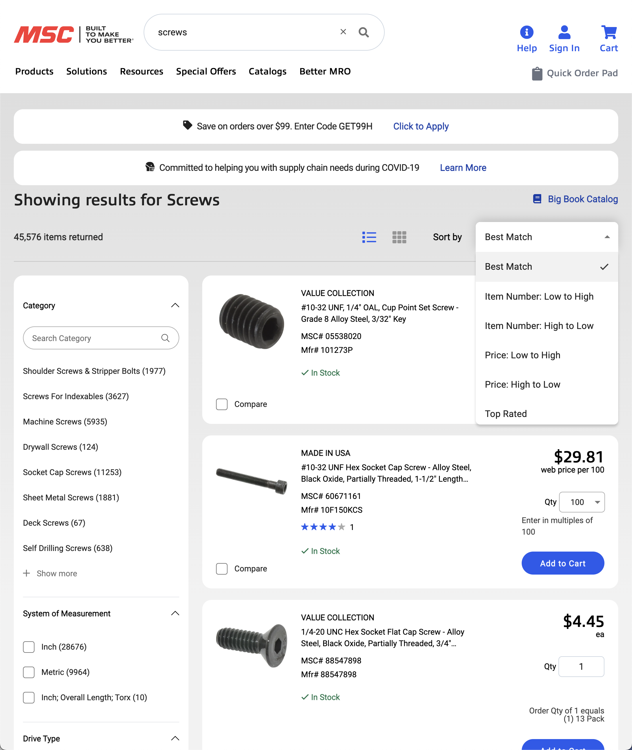 MSC Direct’s Sorting Tool 216 of 449 Sorting Tool Examples Baymard
